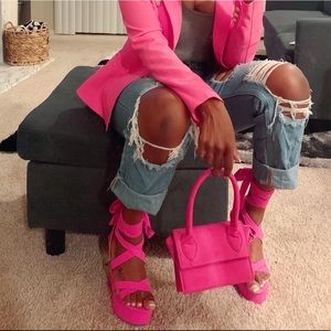 Fuchsia pink wedges and purse
